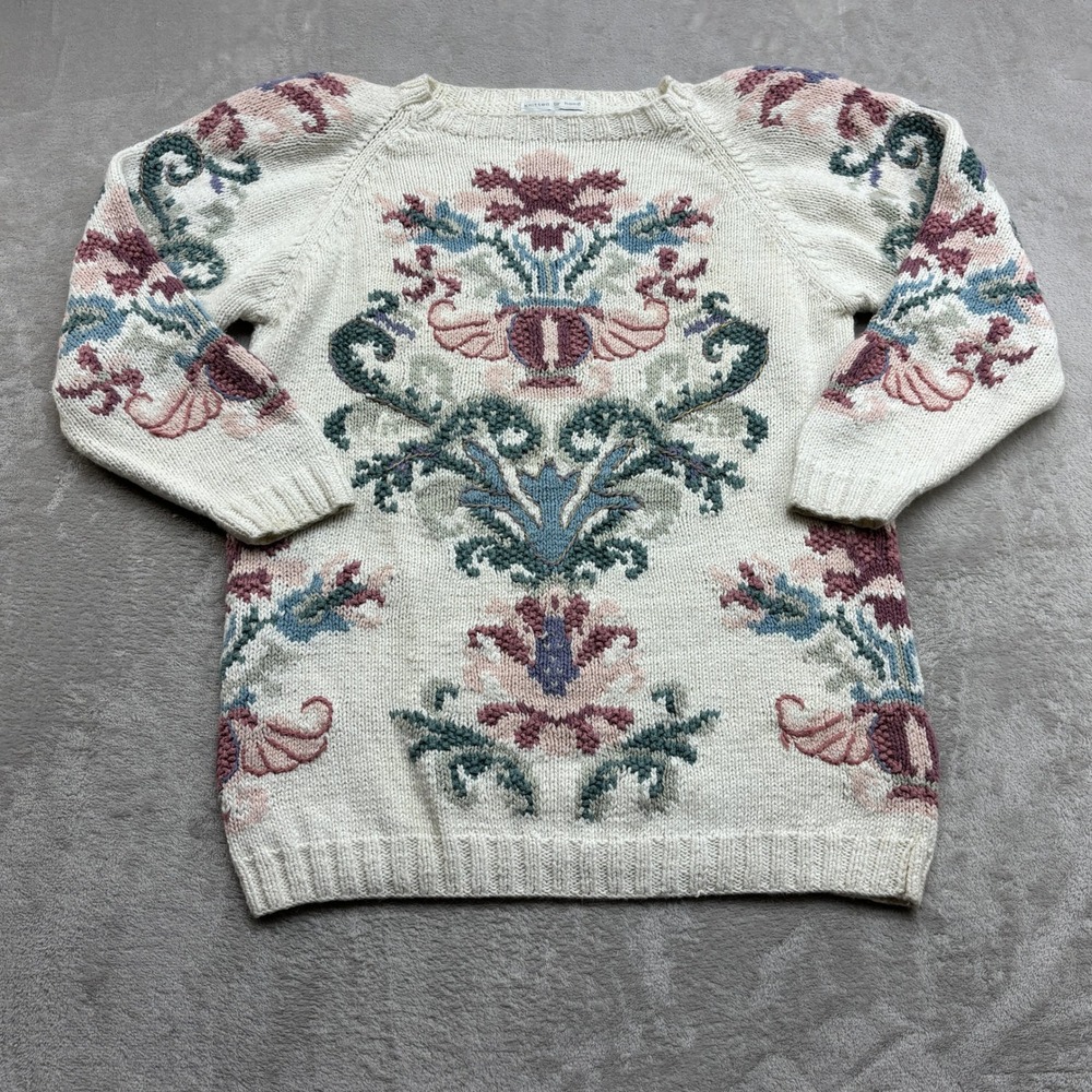 Jennifer Reed Sweater Womens S Ivory Floral Hand Knitted Ramie Cotton Intarsia
